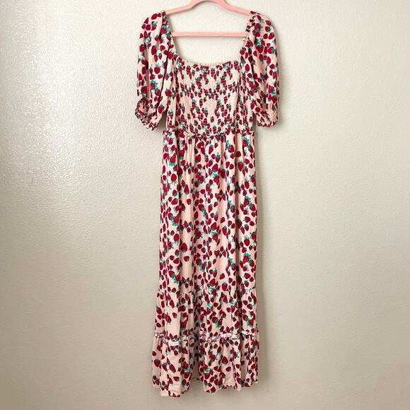 Betsey Johnson Dress Womens Large Pink Strawberry Fruit Print Maxi Cottagecore - Picture 6 of 12